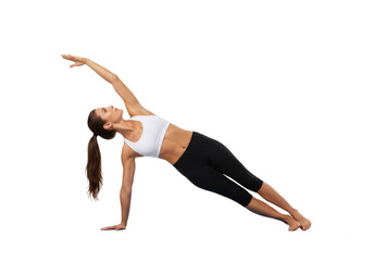 Fit woman performing side plank exercise on a transparent background for fitness and yoga content isolated on transparent background