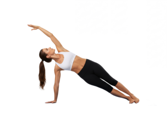 Fit woman performing side plank exercise on a transparent background for fitness and yoga content isolated on transparent background