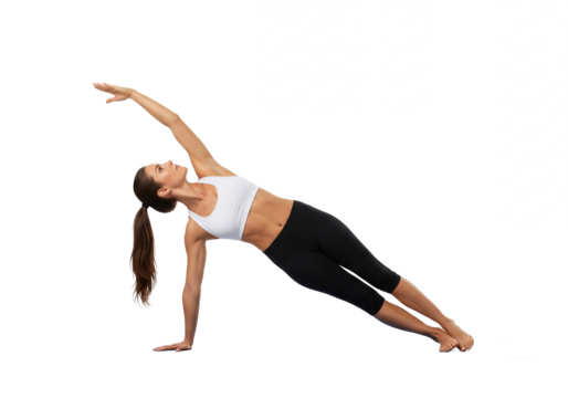 Fit woman performing side plank exercise on a transparent background for fitness and yoga content isolated on transparent background