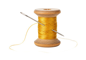 Golden thread wound on a wooden spool with a needle piercing through it isolated on transparent background