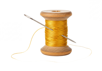 Golden thread wound on a wooden spool with a needle piercing through it isolated on transparent background