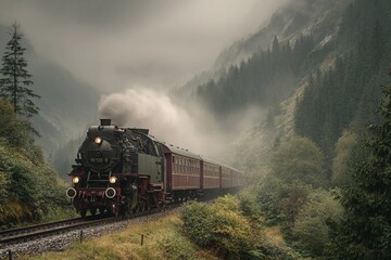 Obraz premium Explore the Charm of Retro Locomotives Weaving Through Misty Mountain Valleys Generative AI