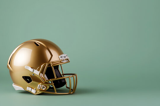 Golden football helmet isolated on a green background; a symbol of protection, competition, and sporting culture. It embodies team spirit and victory in the arena of sports.