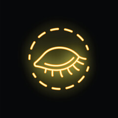 Yellow neon sign of an eye with long eyelashes, inside a circle frame with a dashed line pattern