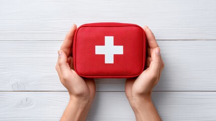 Hands holding a red first aid kit with a white cross symbol on a wooden surface, emphasizing safety, preparedness, and health care essentials for emergencies and home use