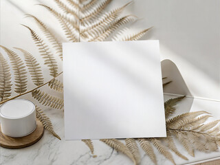 Square Card Mockup with Fern Leaves and Natural Sunlight on Marble Background