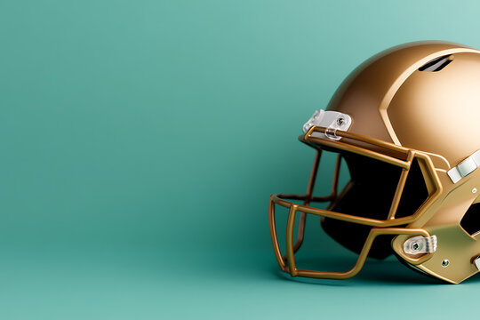 Gold helmet shines against a teal backdrop. A symbol of gridiron glory and protection, it stands ready for the next game. A must-have for aspiring athletes.