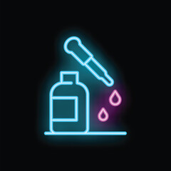 Neon icon of essential oil dropping from a pipette into a bottle, representing aromatherapy and wellness