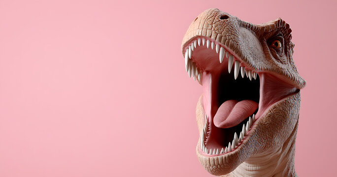 Roaring reptile: Tyrannosaurus rex head with open mouth and sharp teeth on a pink background. Detailed skin texture and vibrant colors bring this prehistoric predator to life.