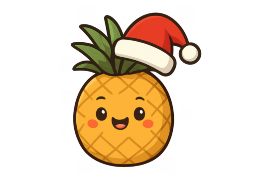 Cute pineapple cartoon character wearing santa hat, celebrating christmas holiday season, transparent background