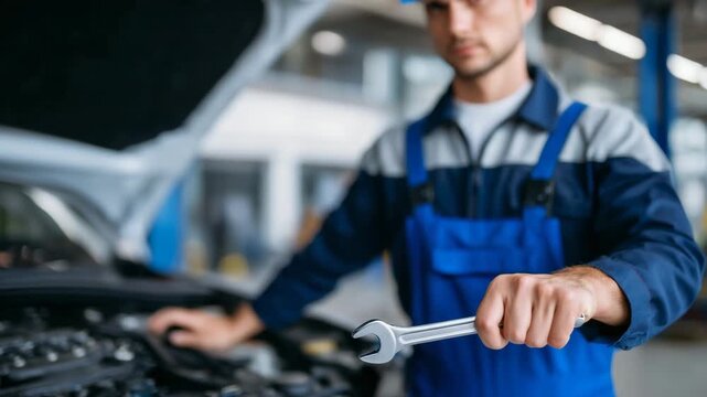 Focused close-up of car engine repair, mechanic using wrench in indoor garage, automotive parts in sharp clarity, hands showing precise maintenance action