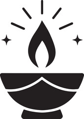 A simple, stylized illustration of a diya, a traditional oil lamp, emitting light and sparks. This graphic represents celebration, spirituality, and illumination.