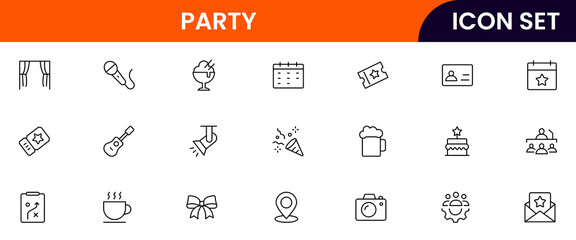 Party vector web line icon collection, sleek illustrations of calendars, tickets, venues, decorations for organized, festive designs.