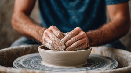 Male potter skillfully shaping clay on a pottery wheel, hands covered in wet clay, creating a beautiful ceramic bowl in a cozy workshop environment