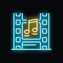 Glowing neon line icon of film strip showing music note, concept of online music streaming service
