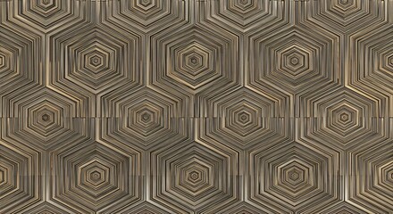 Repetitive pattern of concentric hexagons with textures of brown black and golden lines on a neutral background