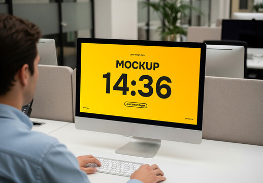 A woman behind a desktop pc mockup