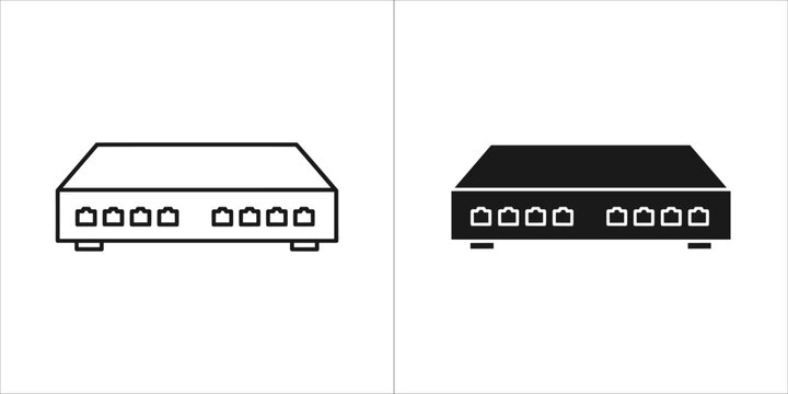 Router switch icon in black and white, a device that forwards data packets