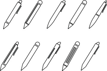 Black pen, pencil, writing instrument, and stationery icon set, minimalist office tool collection and education symbol group in line style, isolated vector for design and print