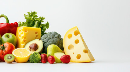 Fresh vegetables and fruits arranged with cheese, showcasing vibrant colors and healthy options. delightful display of nutrition and flavor