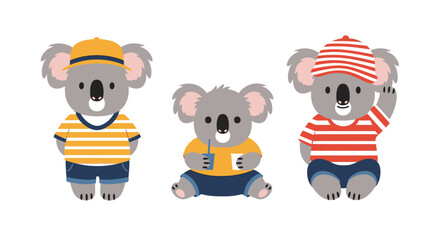Obraz premium Three cartoon koalas wearing clothes and hats, in a row, on a white background.