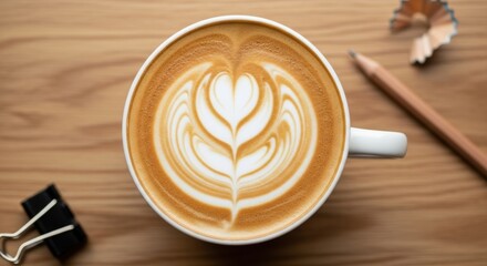 Latte art in white cup on wooden table with pencil and clip
