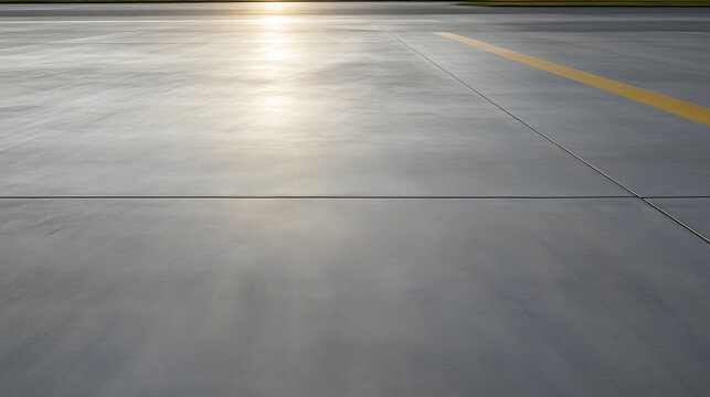 A photograph shows a smooth gray concrete surface with expansion joints and a yellow stripe, lit by the sun, creating a sense of scale and emphasizing the texture of the material.