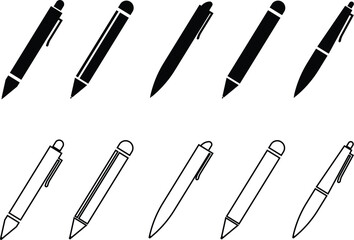 Black pen, pencil, writing instrument, and stationery icon set, minimalist office tool collection and education symbol group in flat and line style, isolated vector for design and print