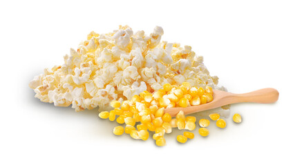 Sweet popcorn  and  canned corn in a wooden spoon  isolated on  transparent.