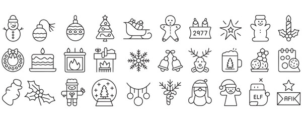 Festive Christmas line art icons set for holiday projects, adding joyful spirit to your designs with this collection of seasonal elements