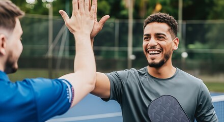 Close-up of Two Men Giving a High Five on a Sports Court