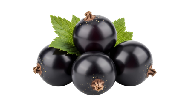 A small cluster of delicious fresh ripe black currant berries with green leaves on a transparent background