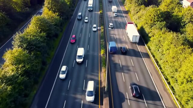 Aerial drone video, high angle, of diverse vehicles on a wet multi-lane highway bordered by lush trees during golden hour, casting long shadows. Dynamic transportation infrastructure concept