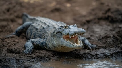 Fototapeta premium A powerful alligator rests on a muddy riverbank with its mouth open revealing sharp teeth and an intimidating presence