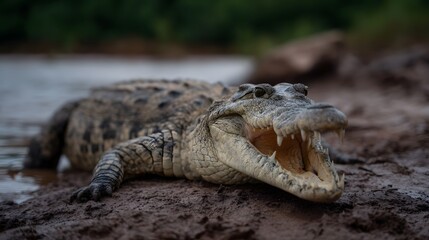 Fototapeta premium A powerful crocodile rests on a muddy riverbank with its jaws open revealing sharp teeth in a natural setting