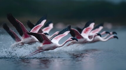 A flock of pink flamingos takes flight splashing water from a shallow lagoon
