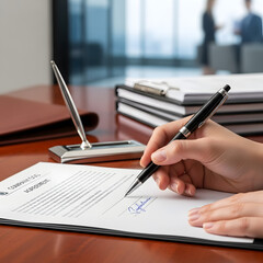 Signing Agreement with Pen on Desk in Modern Office with Businesspeople  Contract Approval and Business Meeting Concept
