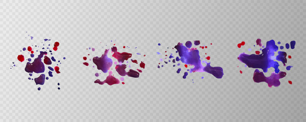 Collection of paint splats isolated on transparent background. Set of violet and red decorative splashes. Art decorations. Space spots. Watercolour splashes. Vector illustration.