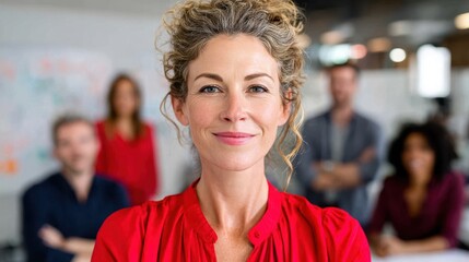 Confident businesswoman portrait with team in background, smiling female leader, successful entrepreneur, professional woman in office environment, teamwork and leadership concept