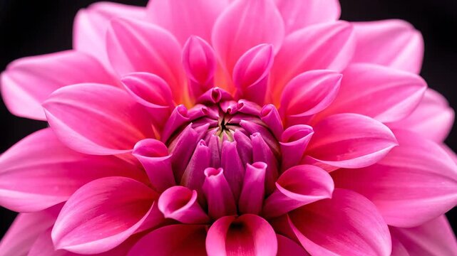 Gorgeous pink dahlia flower blooming and showcasing its delicate petals in a captivating manner. Close up shot of a lively and colorful bloom set against a deep backdrop