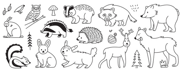 Charming hand-drawn forest animals, ideal for children's illustrations, apparel designs, and delightful nature-themed crafts, adding a whimsical touch