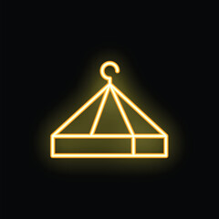 Neon yellow glowing outline of a hanging chandelier light on a black background