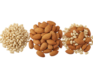 Plate of Traditional Polish Pierogi Dumplings with Butter and Herbs, Isolated on Transparent Background.png - Close-Up of Mixed Almonds and Pine Nuts, Loose and Piled, Isolated