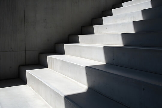 Abstract composition of light and shadow on concrete stairs. Minimalist architecture with strong contrasts. Modern design stairway and concrete wall create visual interest.