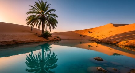 Sahara Desert Oasis Palm Tree Tranquil Water Sand Dunes Serene Reflection Desertification Arid Landscape Nature Travel Scenery Calm Climate Tourism Scapes