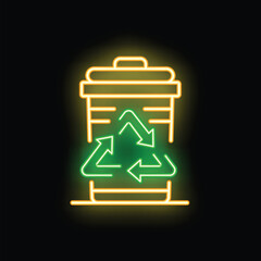 Neon sign of a recycling bin glowing on a black background