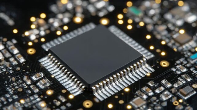 Macro shot of eSIM chip on matte black PCB, glowing edges from LED reflections, modern technology aesthetic