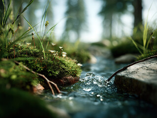 Fototapeta premium Tranquil Garden Stream With Mossy Plants And Soft Water Flow In A Serene Nature Scene