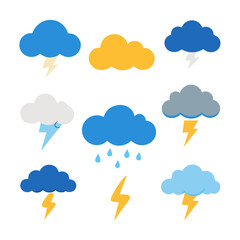 Collection of weather icons featuring clouds lightning and rain isolated on white background silhouette