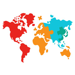 Colorful world map continents puzzle pieces silhouette isolated on white background